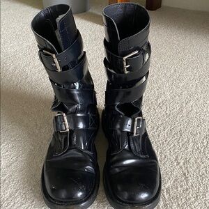 Celine Boots - Patent Leather combat boots with buckles.